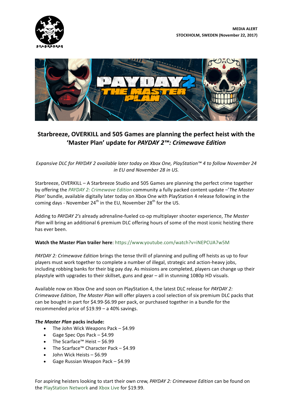 'Master Plan' Update for PAYDAY 2™: Crimewave Edition