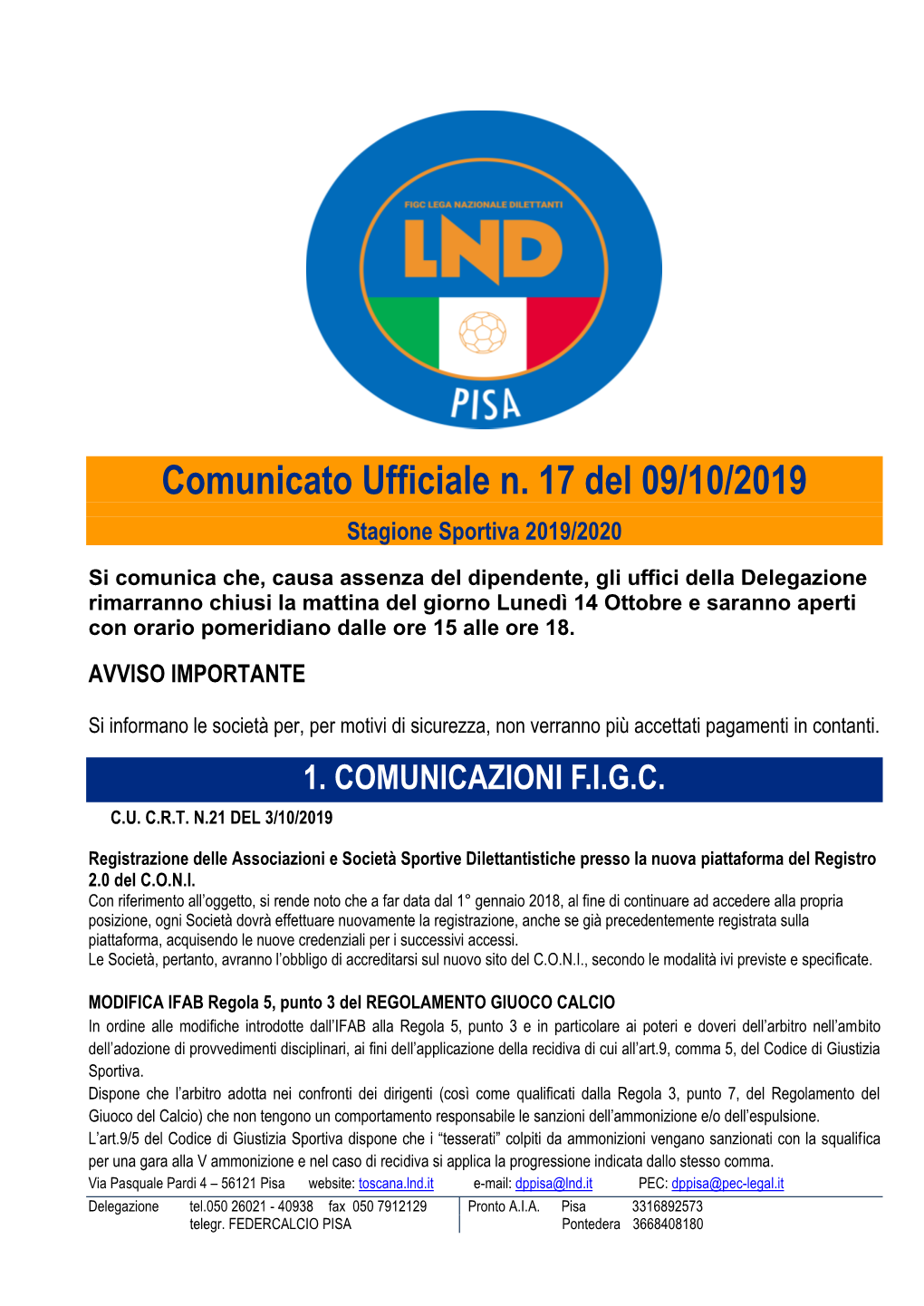 Comunicato Ufficiale N. 17 Del 09/10/2019