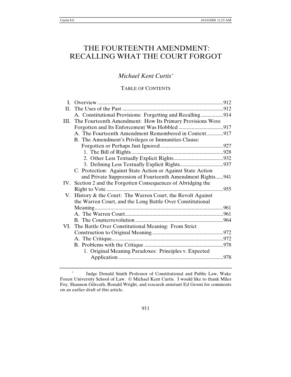 The Fourteenth Amendment: Recalling What the Court Forgot