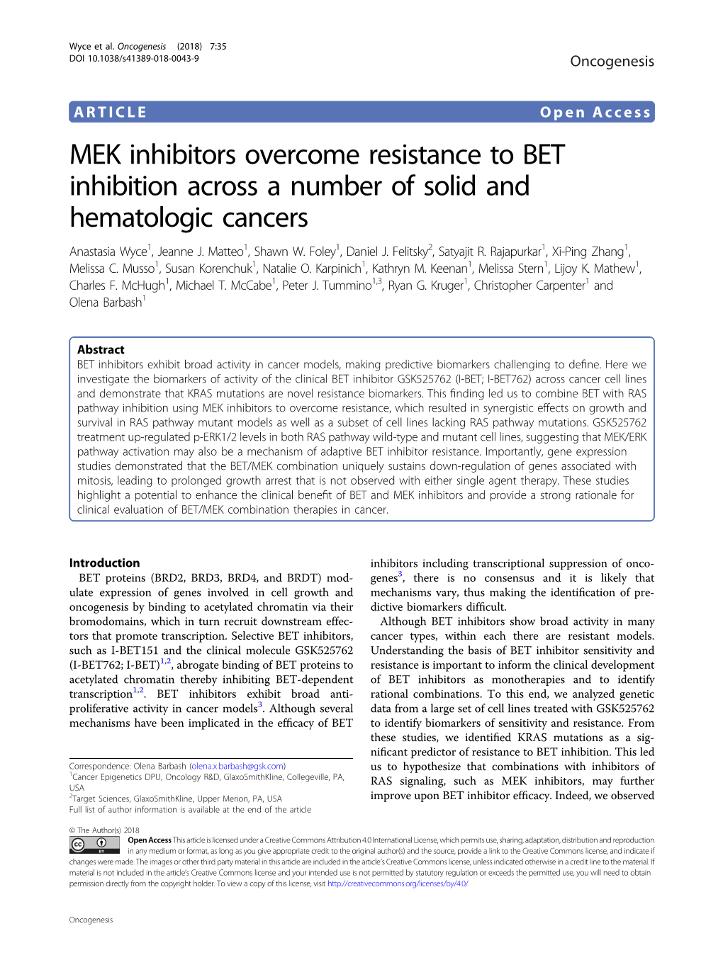 MEK Inhibitors Overcome Resistance to BET Inhibition Across a Number of Solid and Hematologic Cancers Anastasia Wyce1, Jeanne J