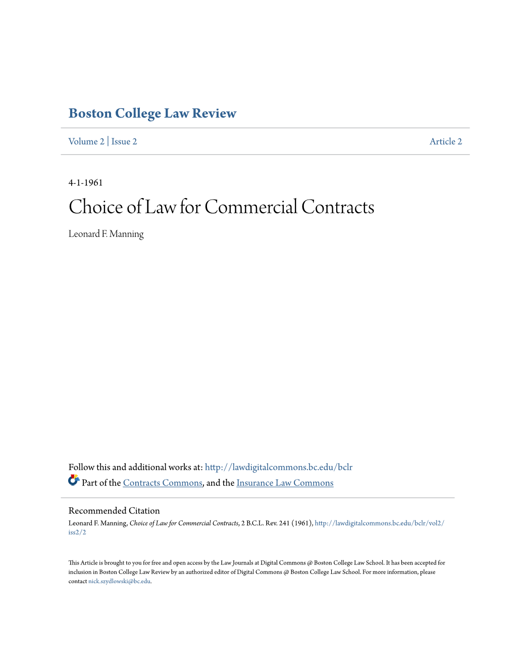 Choice of Law for Commercial Contracts Leonard F