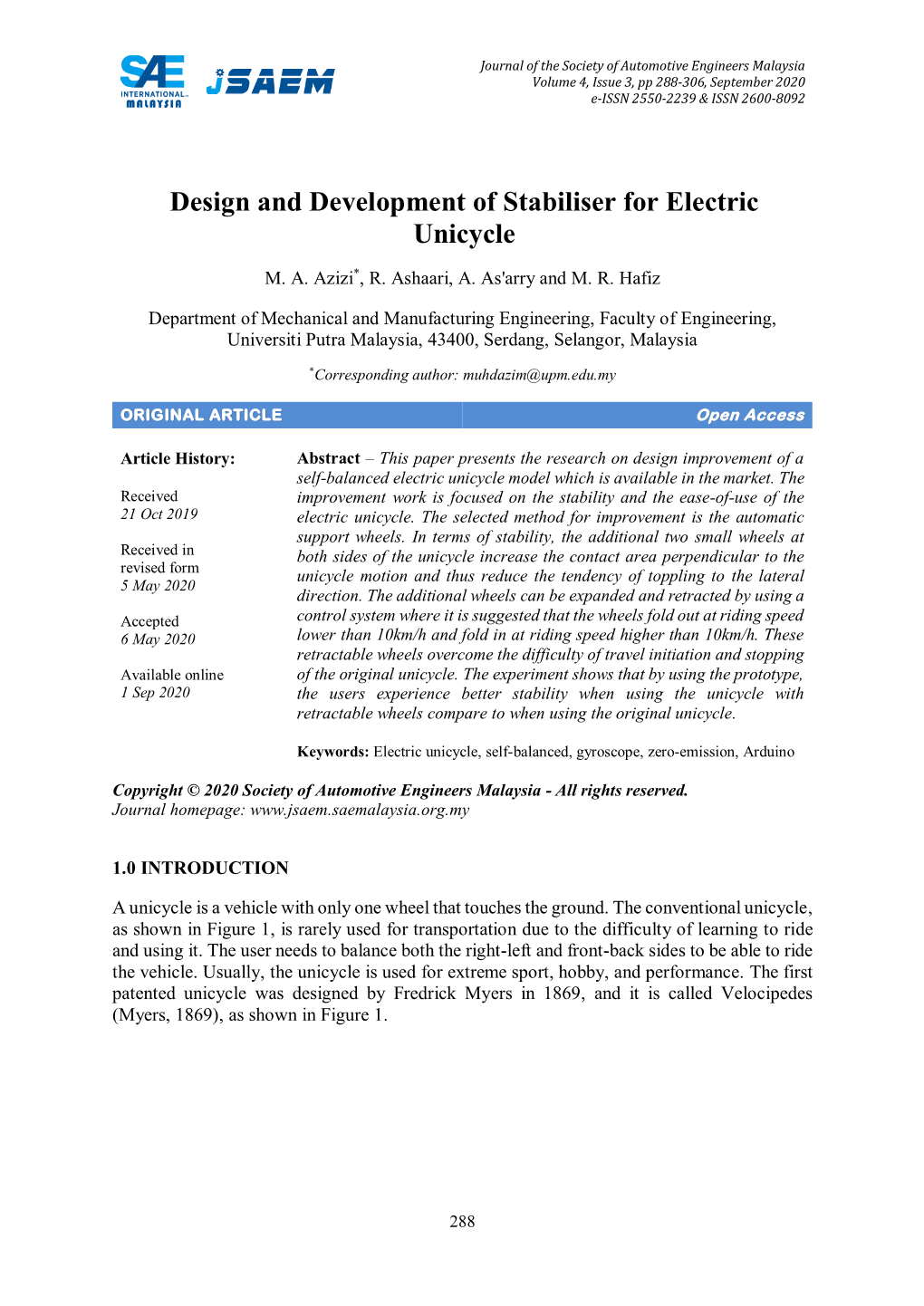 Design and Development of Stabiliser for Electric Unicycle