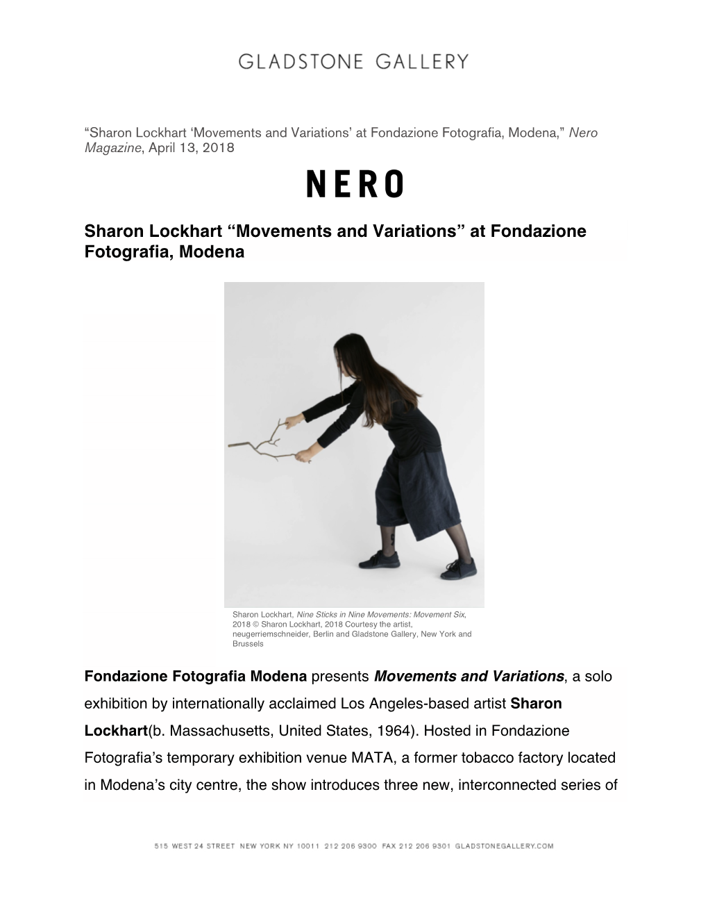 Sharon Lockhart ‘Movements and Variations’ at Fondazione Fotografia, Modena,” Nero Magazine, April 13, 2018