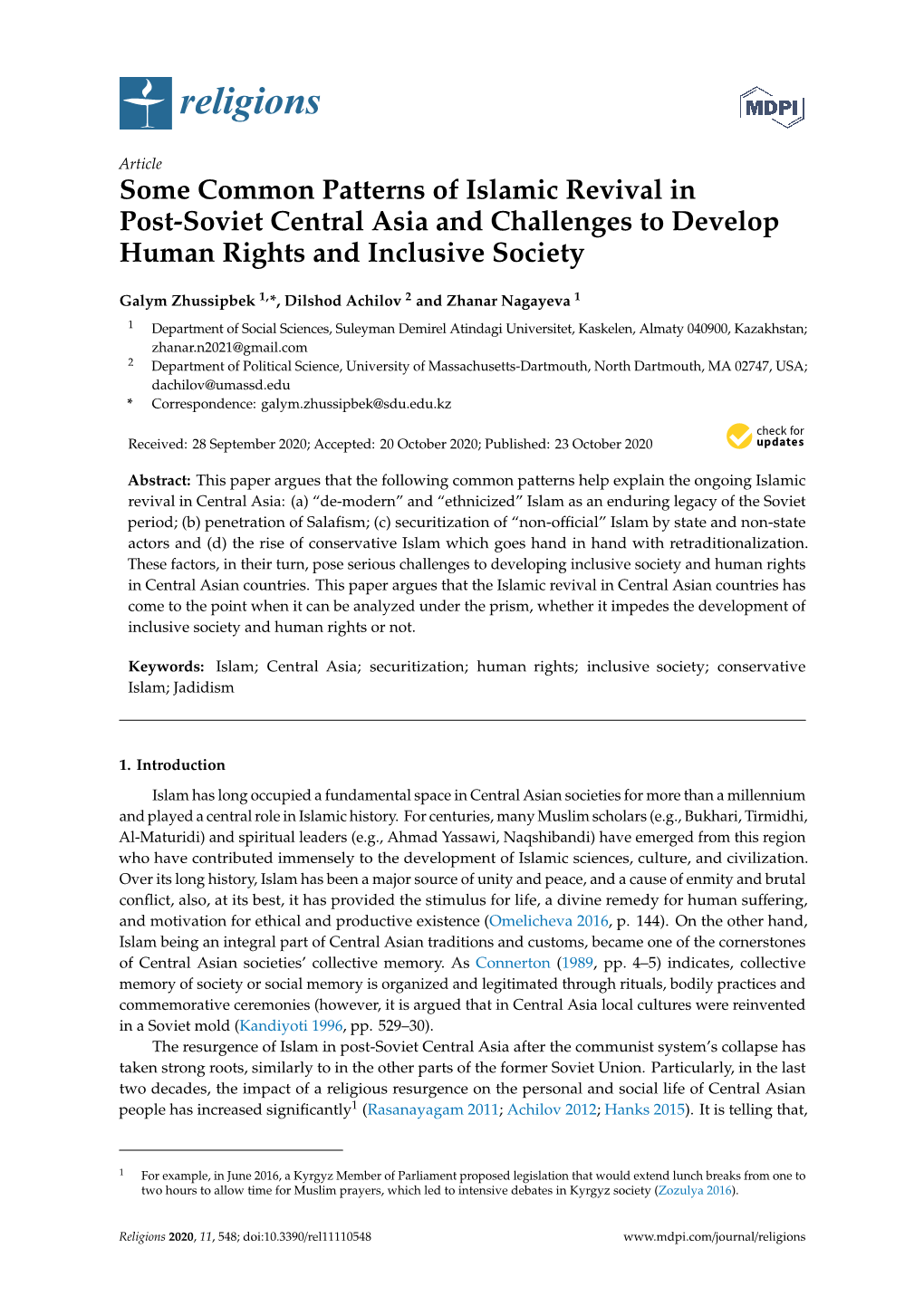 Some Common Patterns of Islamic Revival in Post-Soviet Central Asia and Challenges to Develop Human Rights and Inclusive Society