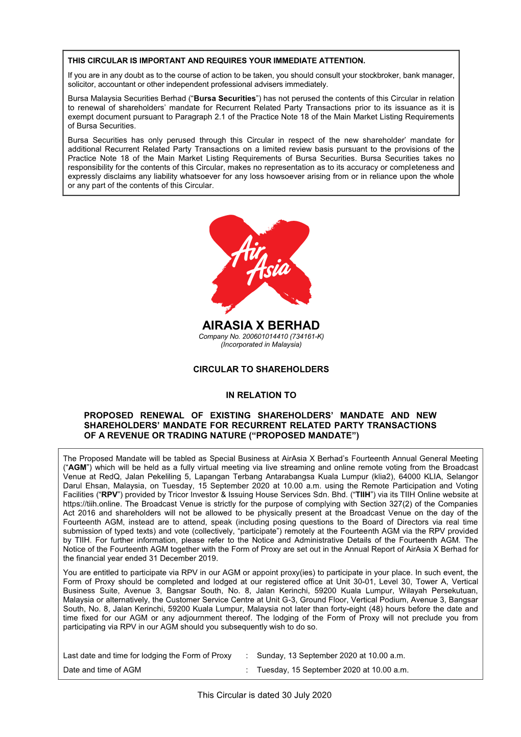 Circular to Shareholders Dated 30 April 2019