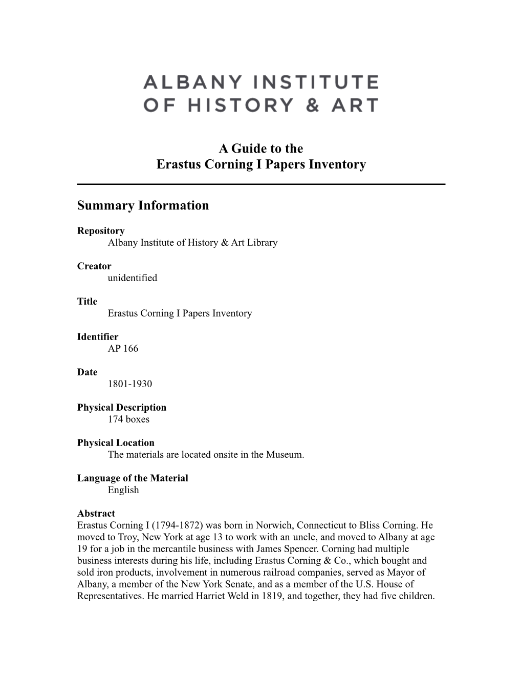 Erastus Corning I Papers Inventory