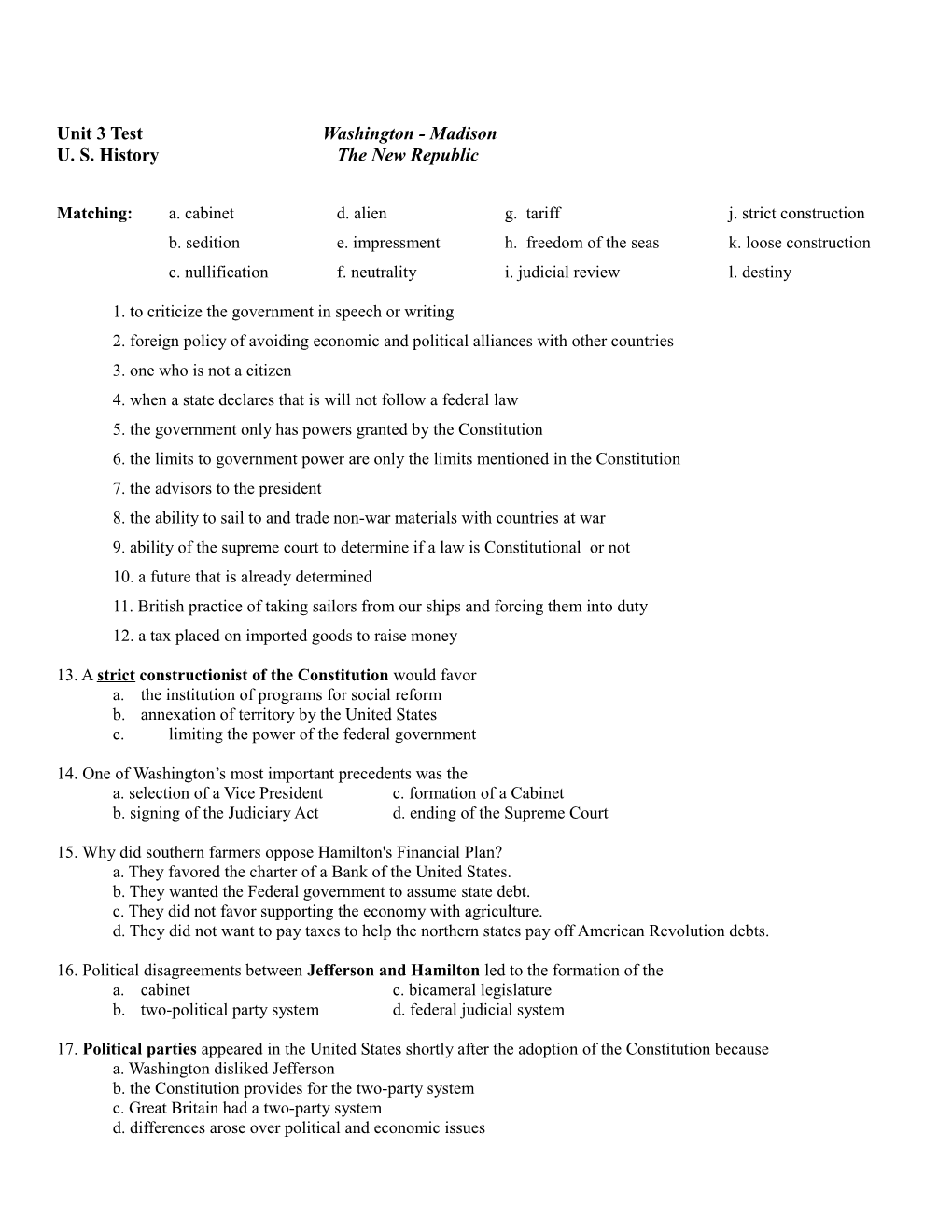 Unit 3 Test Washington - Madison