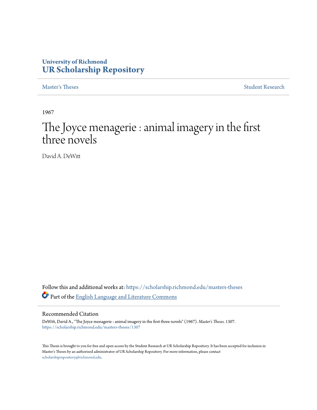 The Joyce Menagerie : Animal Imagery in the First Three Novels