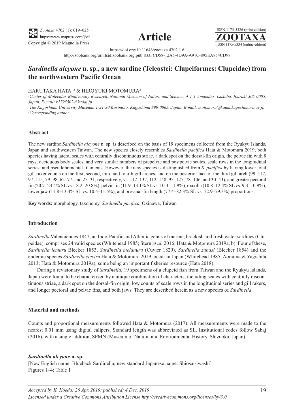 Sardinella Alcyone N. Sp., a New Sardine (Teleostei: Clupeiformes: Clupeidae) from the Northwestern Pacific Ocean