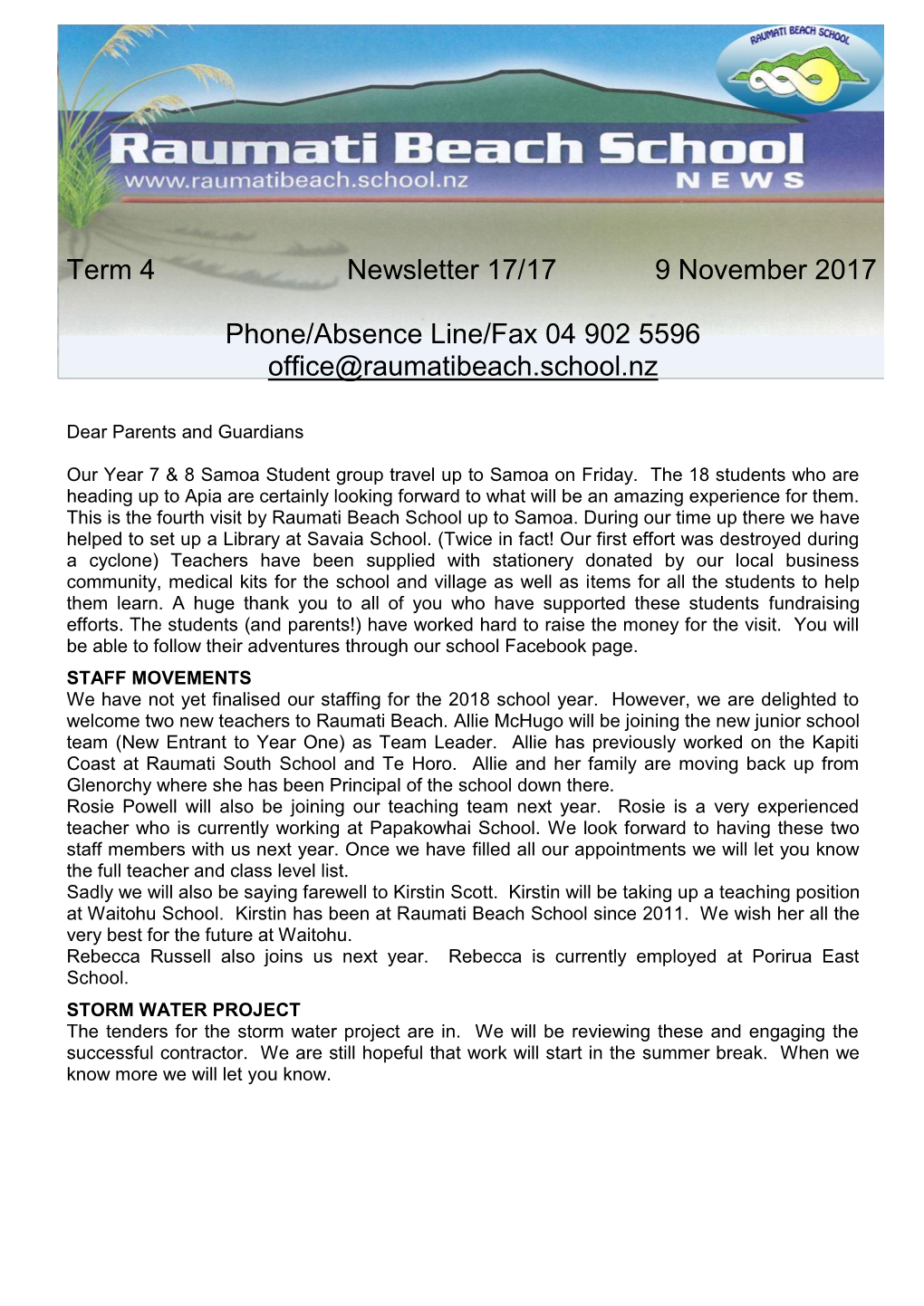 Term 4 Newsletter 17/17 9 November 2017 Phone/Absence Line/Fax 04