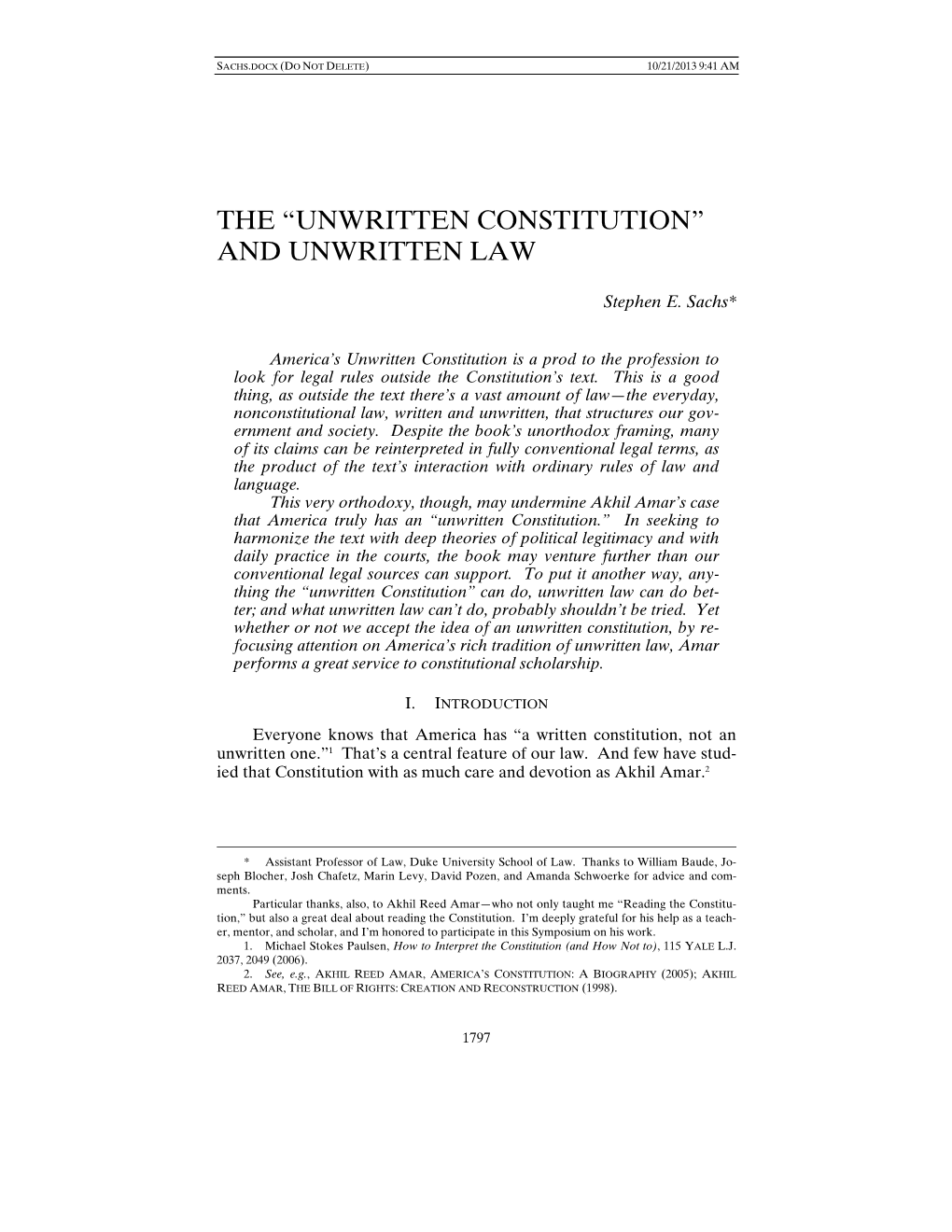 The “Unwritten Constitution” and Unwritten Law