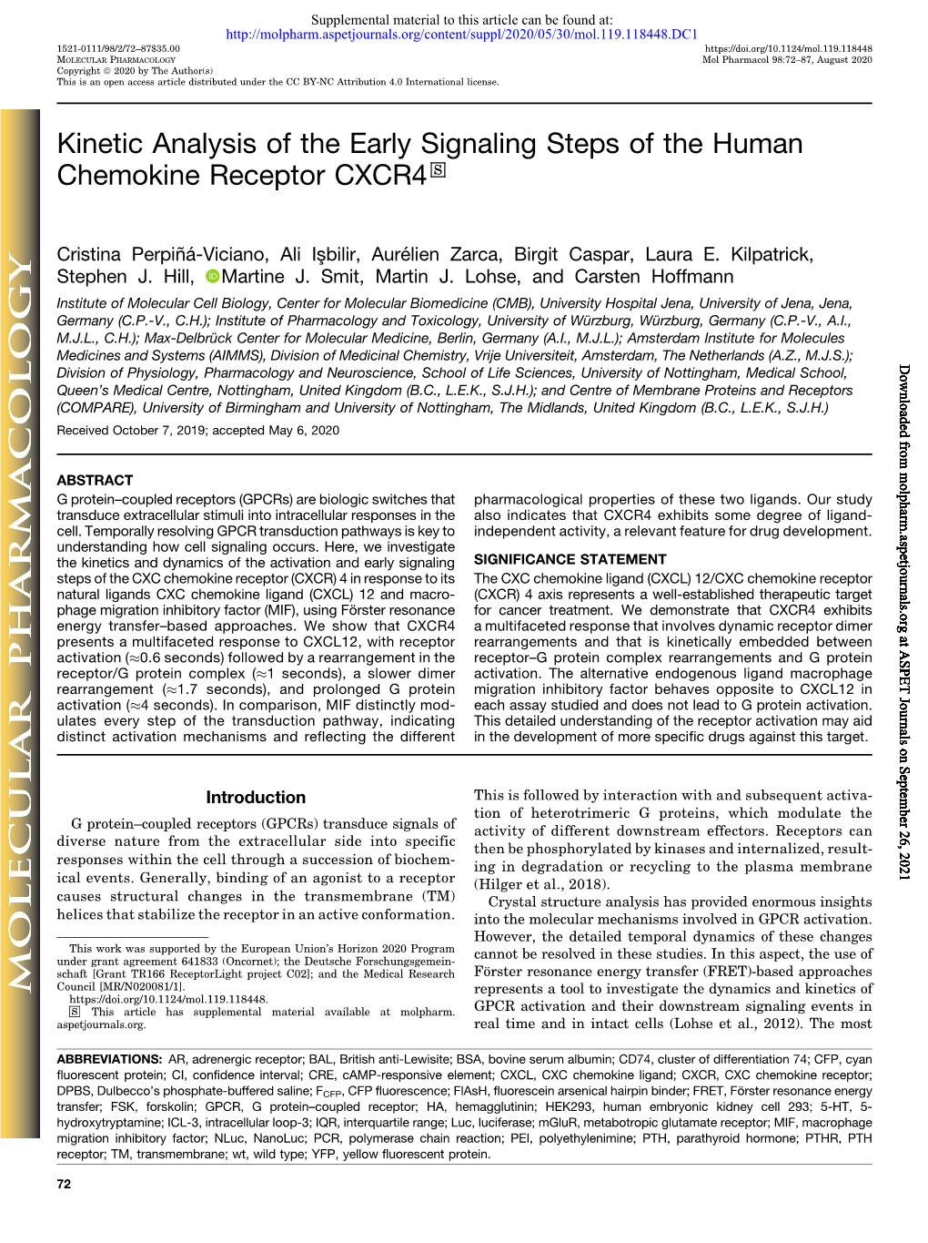 Kinetic Analysis of the Early Signaling Steps of the Human Chemokine Receptor CXCR4 S