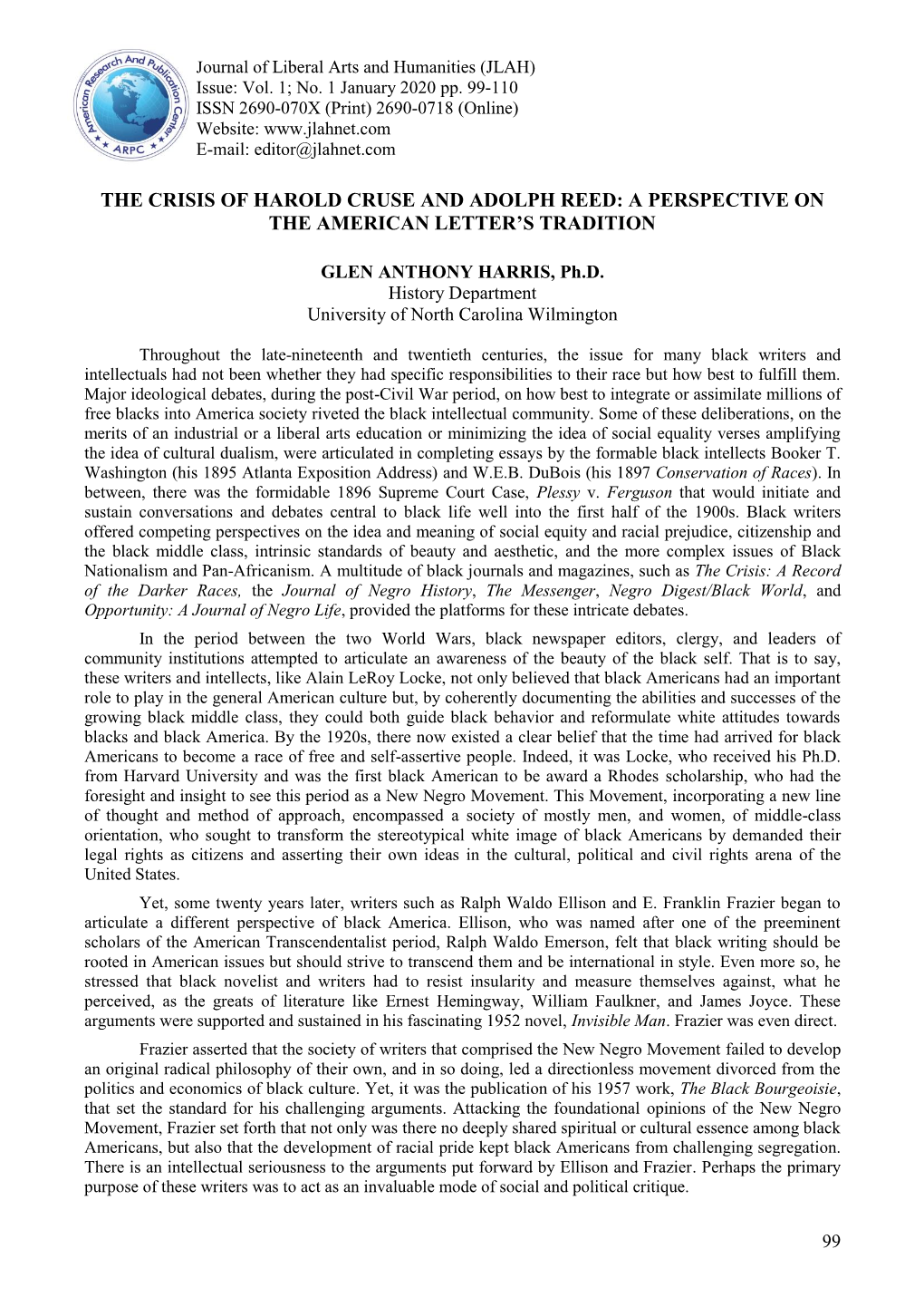 The Crisis of Harold Cruse and Adolph Reed: a Perspective on the American Letter’S Tradition