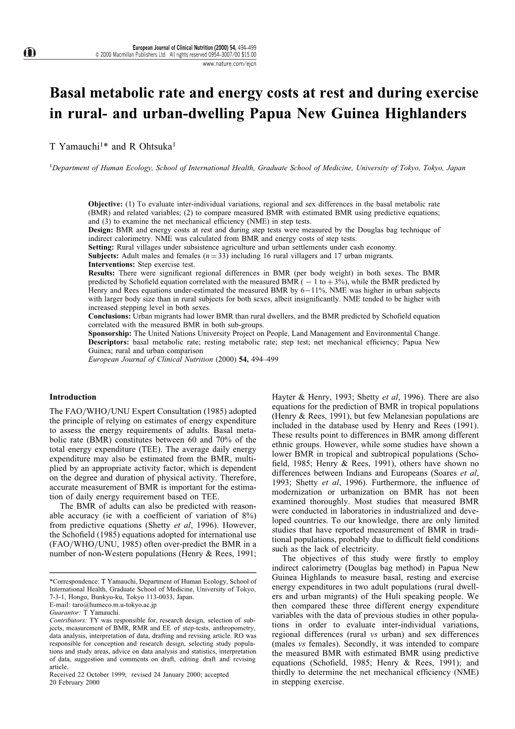 Basal Metabolic Rate and Energy Costs at Rest and During Exercise in Rural- and Urban-Dwelling Papua New Guinea Highlanders