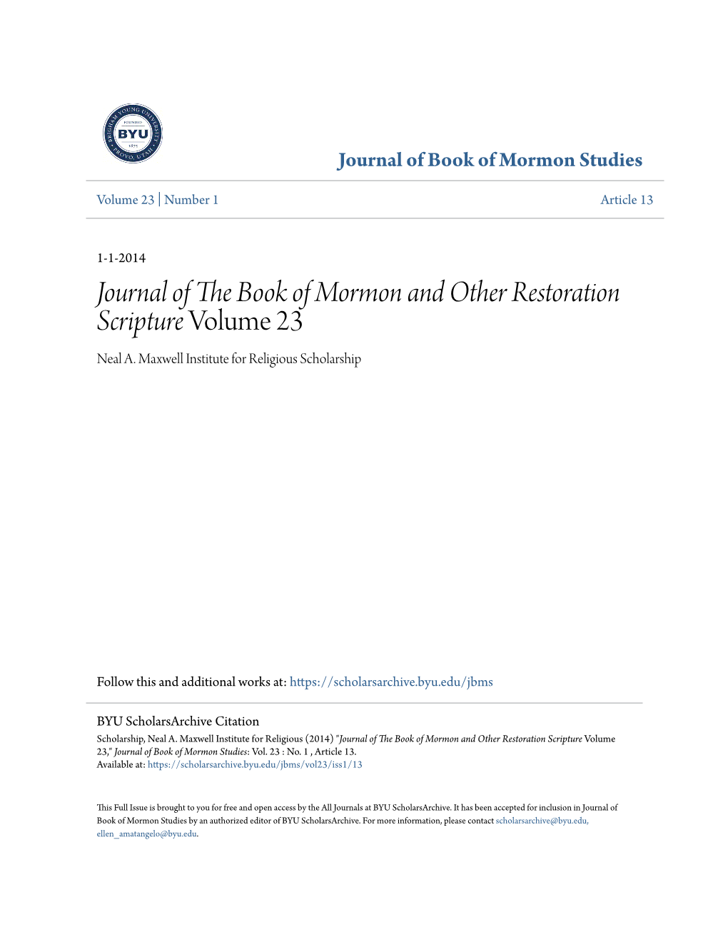 Journal of the Book of Mormon and Other Restoration Scripture Volume 23 Neal A