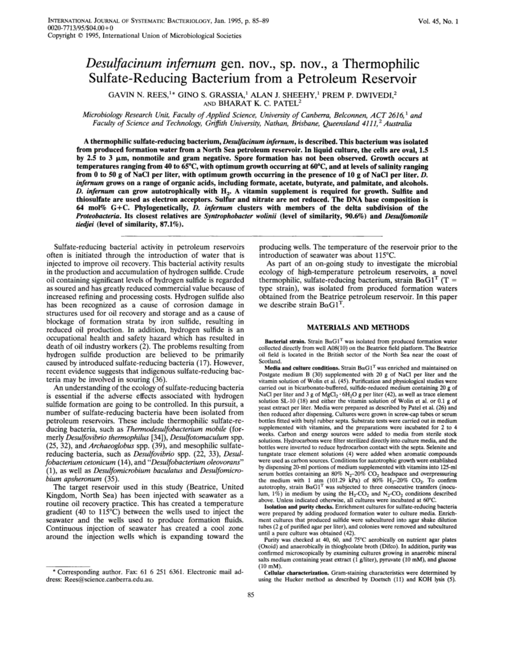 Desulfacinum Infernurn Gem Nov., Sp. Nov., a Thermophilic Sulfate-Reducing Bacterium from a Petroleum Reservoir GAVIN N