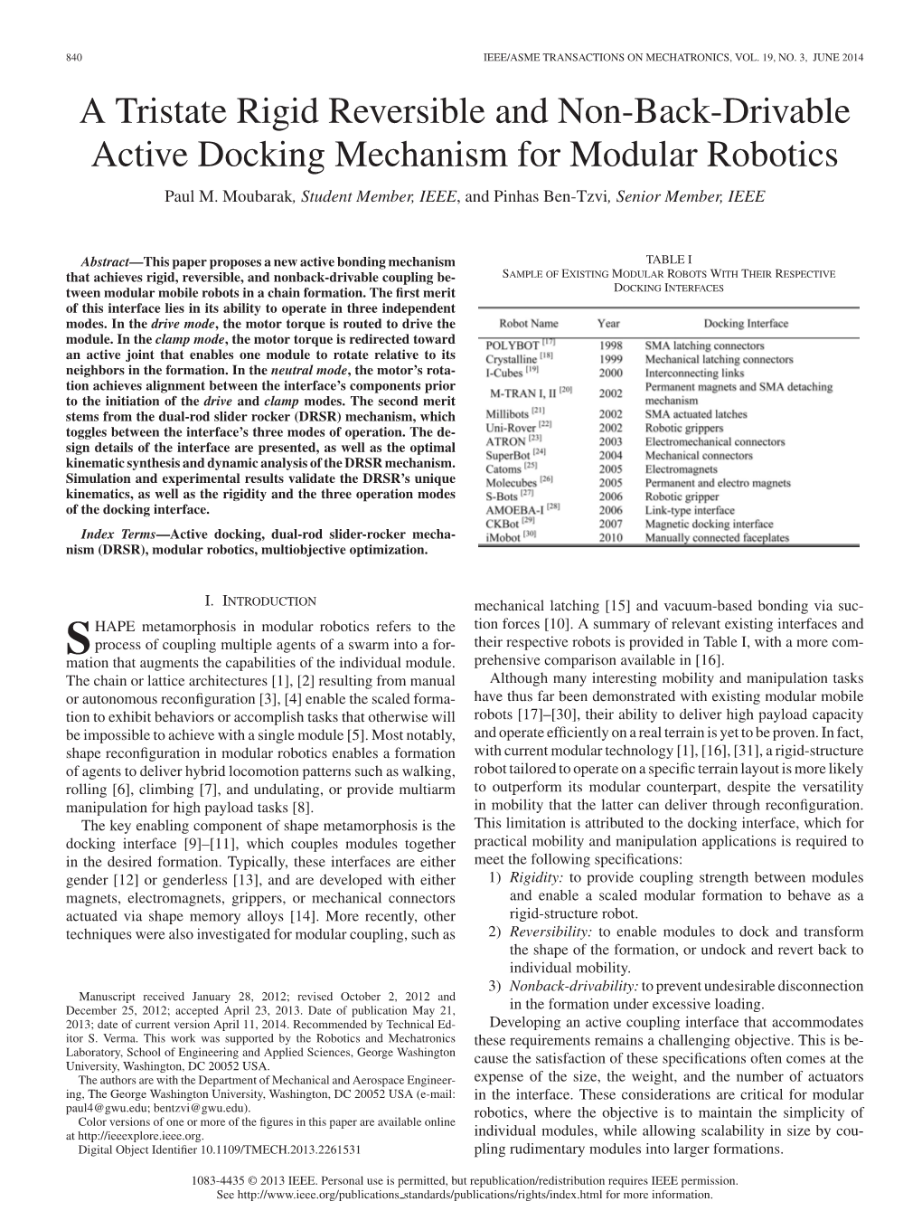 A Tristate Rigid Reversible and Non-Back-Drivable Active Docking Mechanism for Modular Robotics Paul M