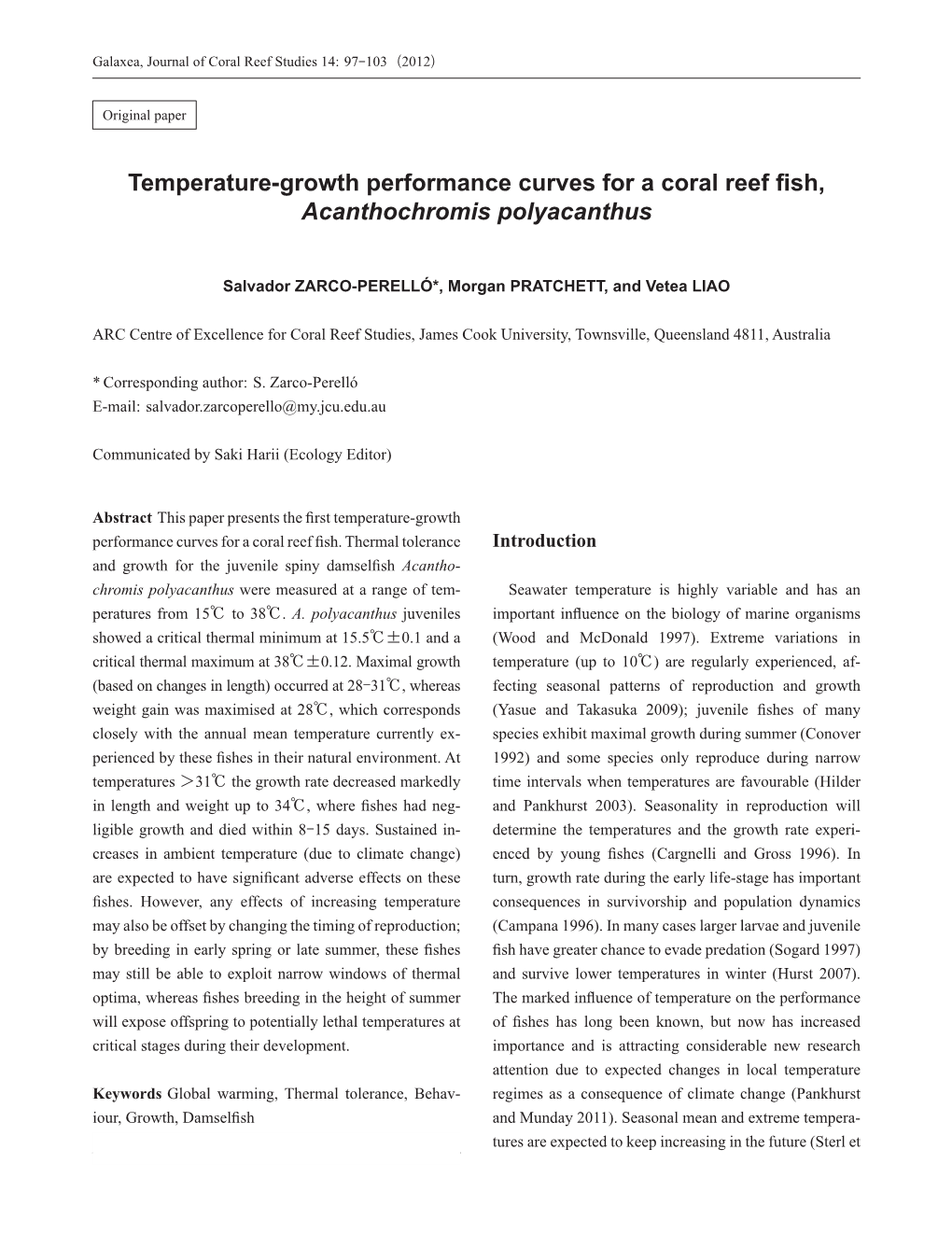 Temperature-Growth Performance Curves for a Coral Reef Fish, Acanthochromis Polyacanthus