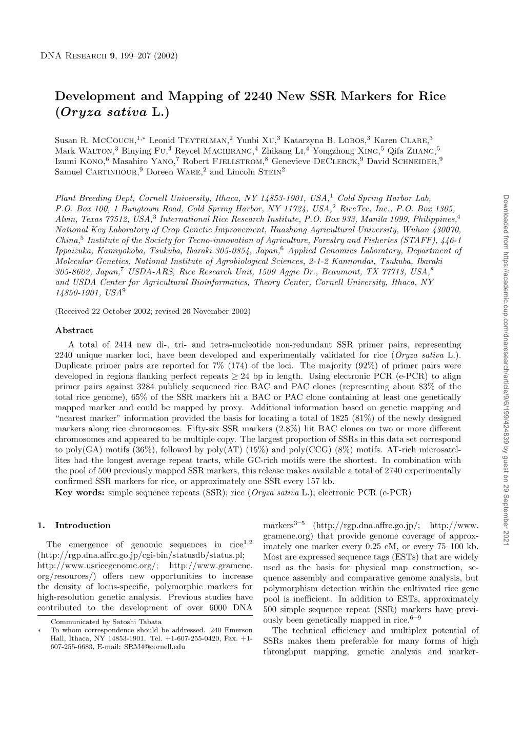 Development and Mapping of 2240 New SSR Markers for Rice (Oryza Sativa L.)