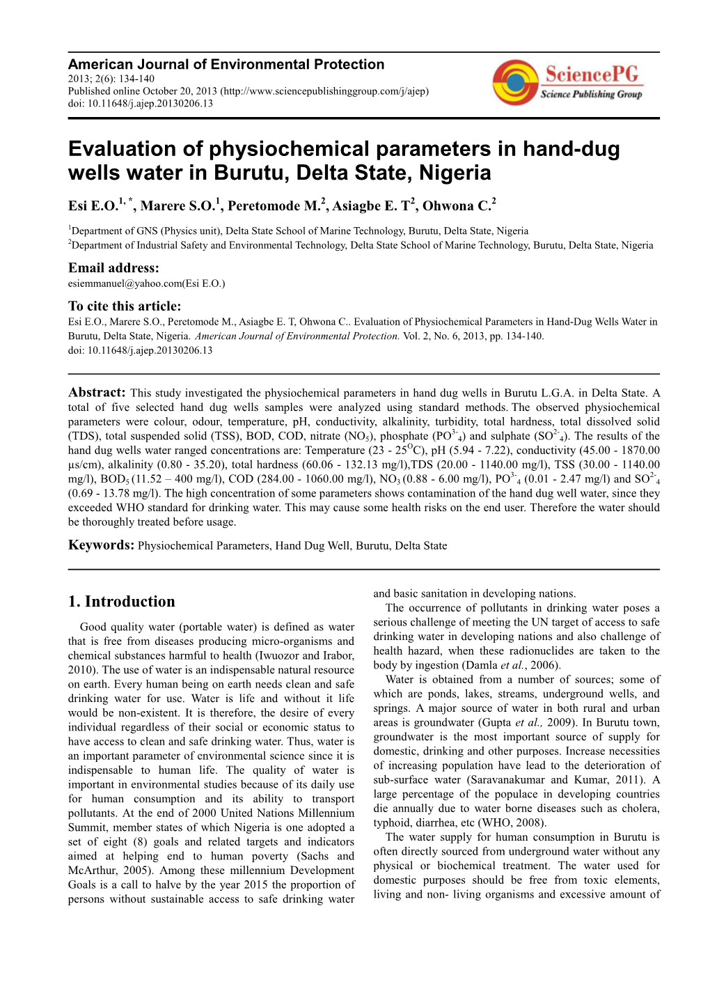 Evaluation of Physiochemical Parameters in Hand-Dug Wells Water in Burutu, Delta State, Nigeria