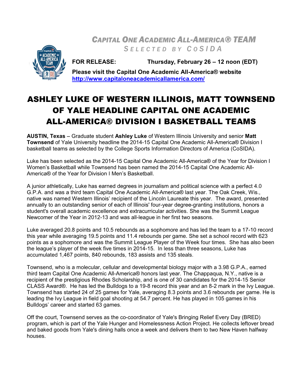 Ashley Luke of Western Illinois, Matt Townsend of Yale Headline Capital One Academic All-America® Division I Basketball Teams