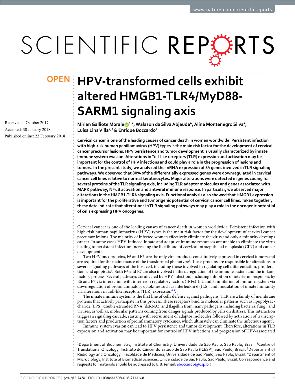 HPV-Transformed Cells Exhibit Altered HMGB1-TLR4/Myd88-SARM1