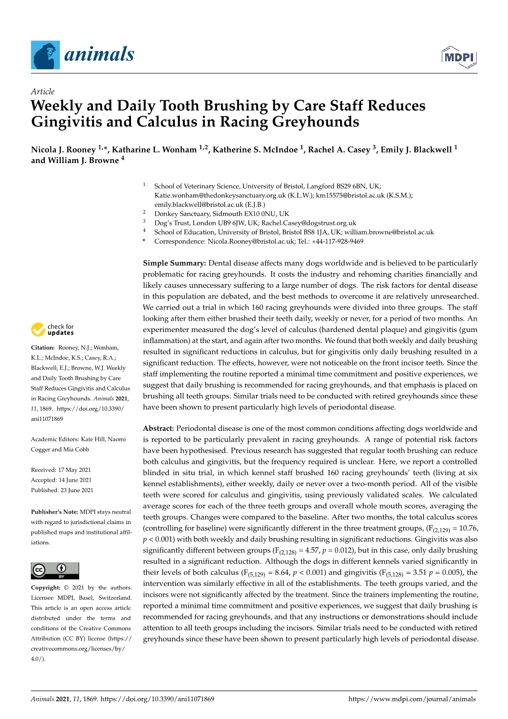 Weekly and Daily Tooth Brushing by Care Staff Reduces Gingivitis and Calculus in Racing Greyhounds