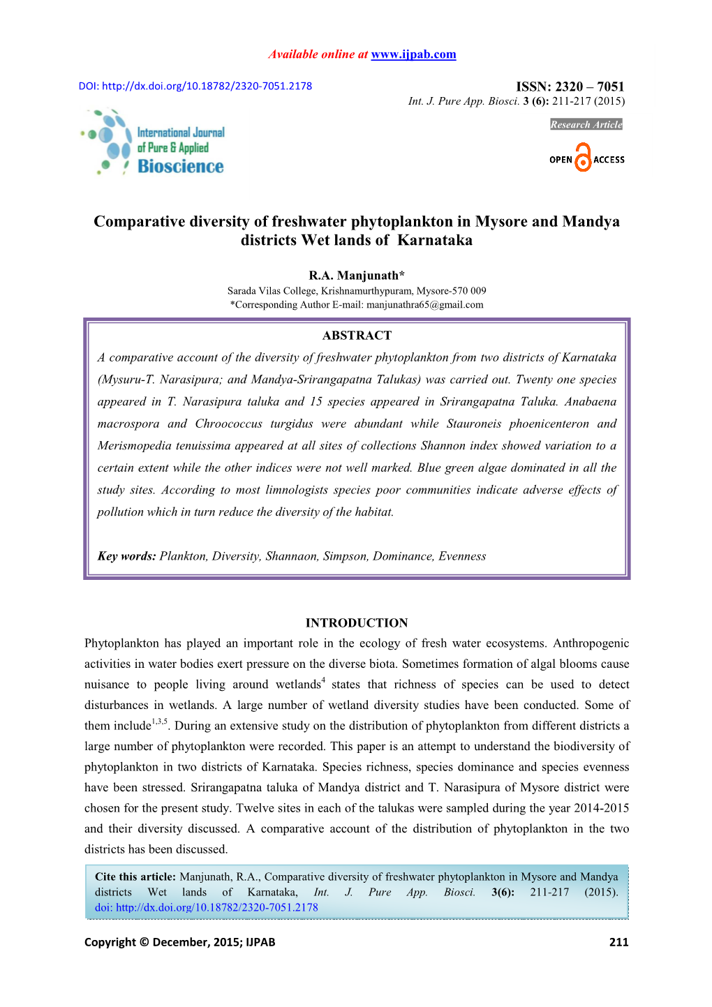 Comparative Diversity of Freshwater Phytoplankton in Mysore and Mandya Districts Wet Lands of Karnataka