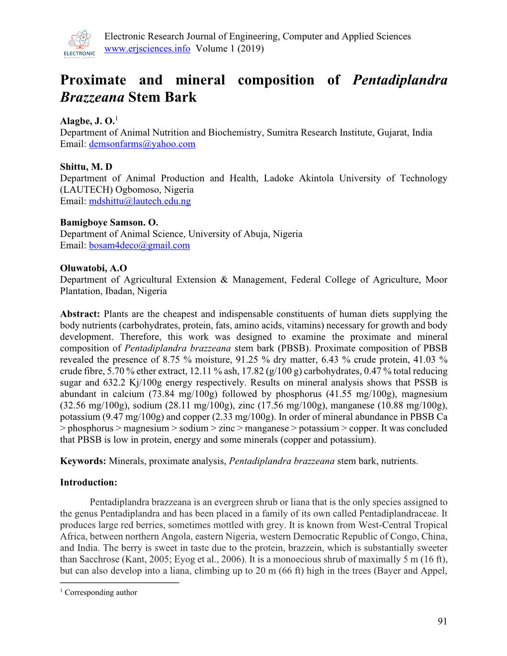 Proximate and Mineral Composition of Pentadiplandra Brazzeana Stem Bark