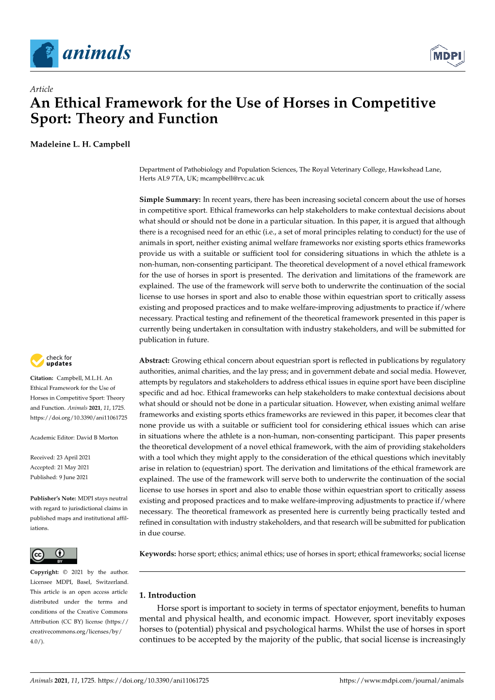 An Ethical Framework for the Use of Horses in Competitive Sport: Theory and Function