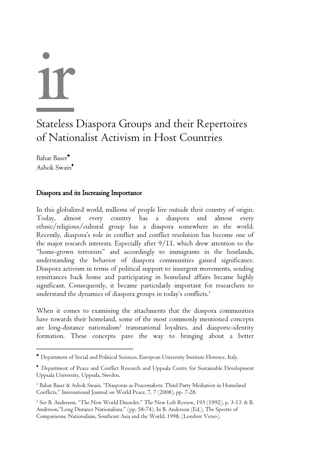 Ir Stateless Diaspora Groups and Their Repertoires of Nationalist Activism in Host Countries