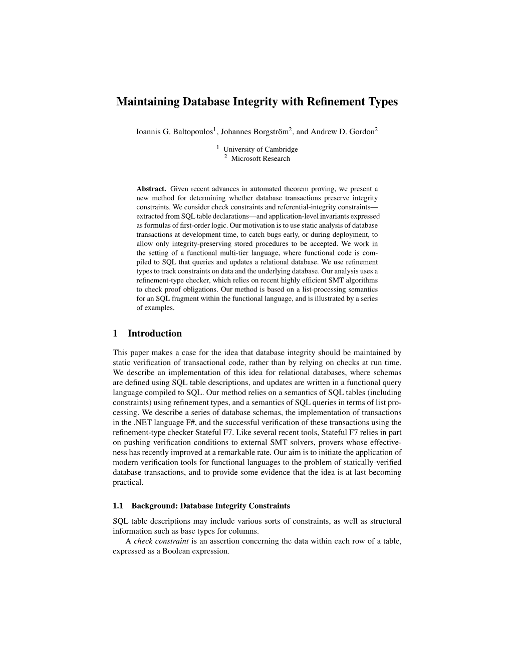 Maintaining Database Integrity with Refinement Types