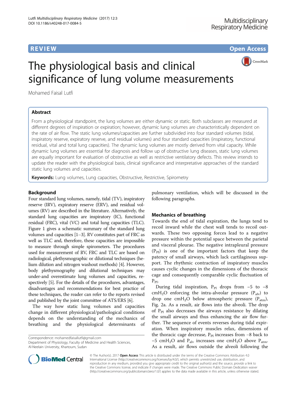 The Physiological Basis and Clinical Significance of Lung Volume Measurements Mohamed Faisal Lutfi