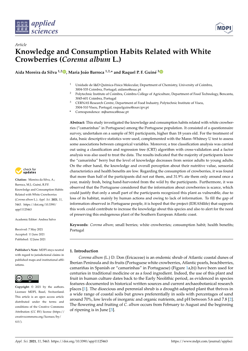 Knowledge and Consumption Habits Related with White Crowberries (Corema Album L.)