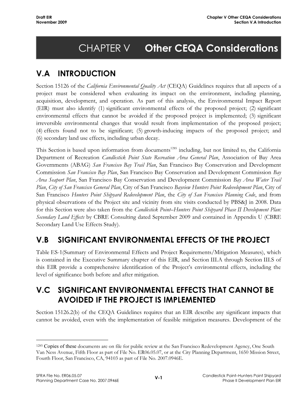 Chapter V Other CEQA Considerations November 2009 Section V.A Introduction