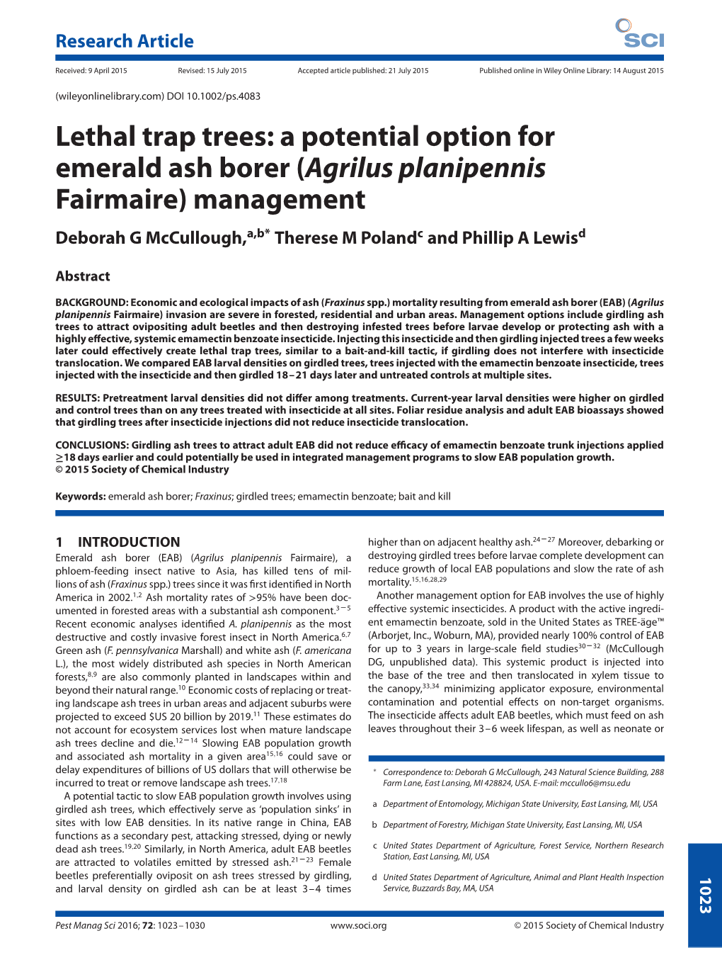 Lethal Trap Trees: a Potential Option for Emerald Ash Borer