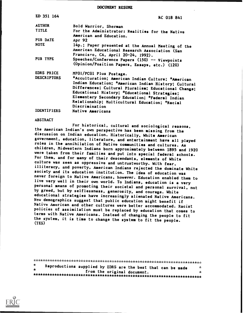 Apr 92 NOTE 14P.; Paper Presented at the Annual Meetingof the American Educational Research Association (San Francisro, CA, April 20-24, 1992)