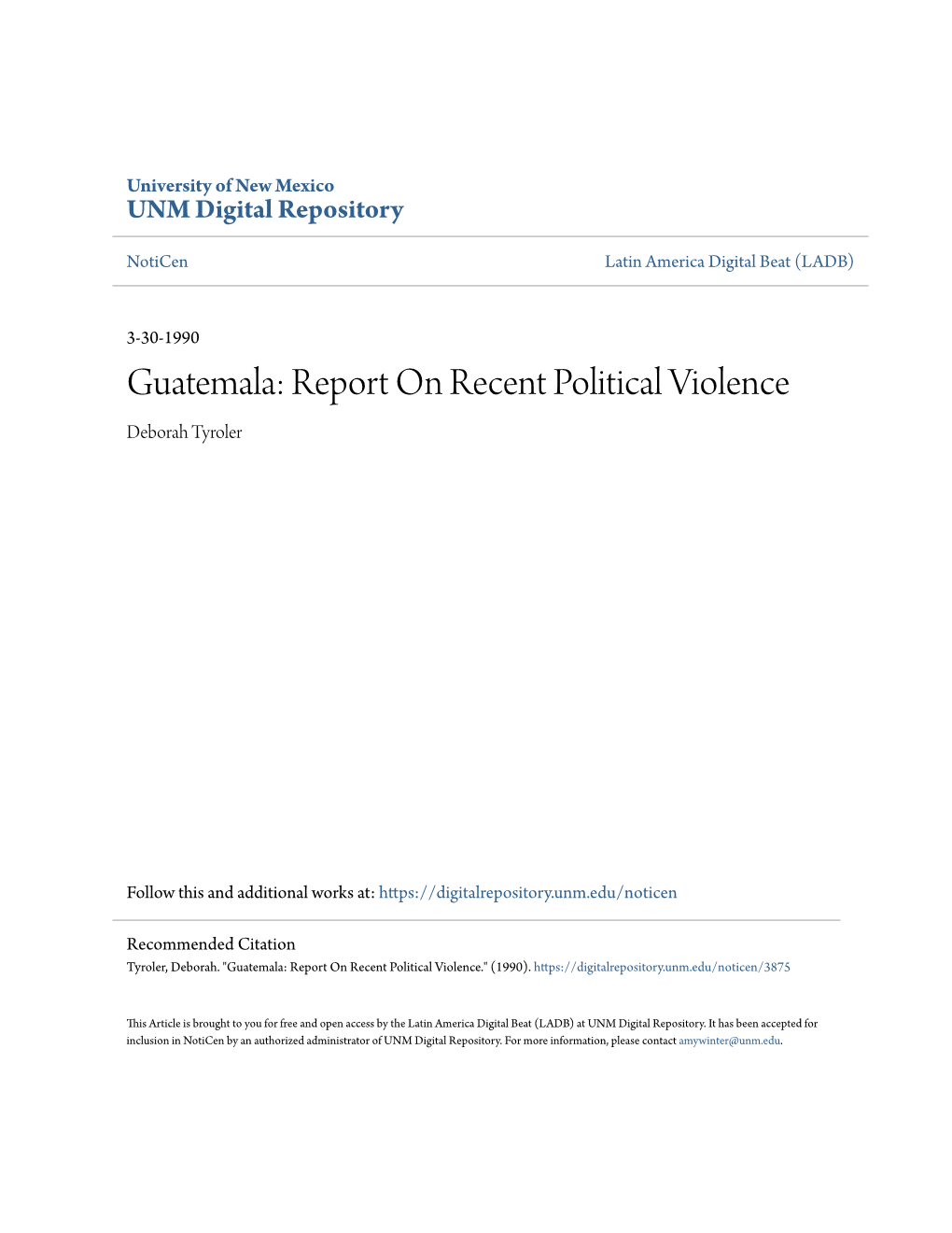 Guatemala: Report on Recent Political Violence Deborah Tyroler