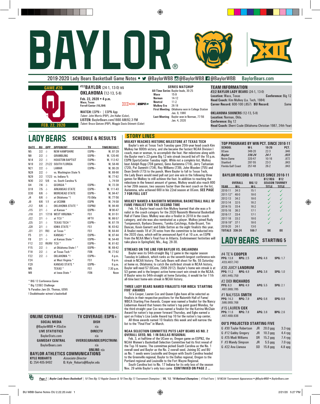 2019-2020 Lady Bears Basketball Game Notes • @Baylorwbb