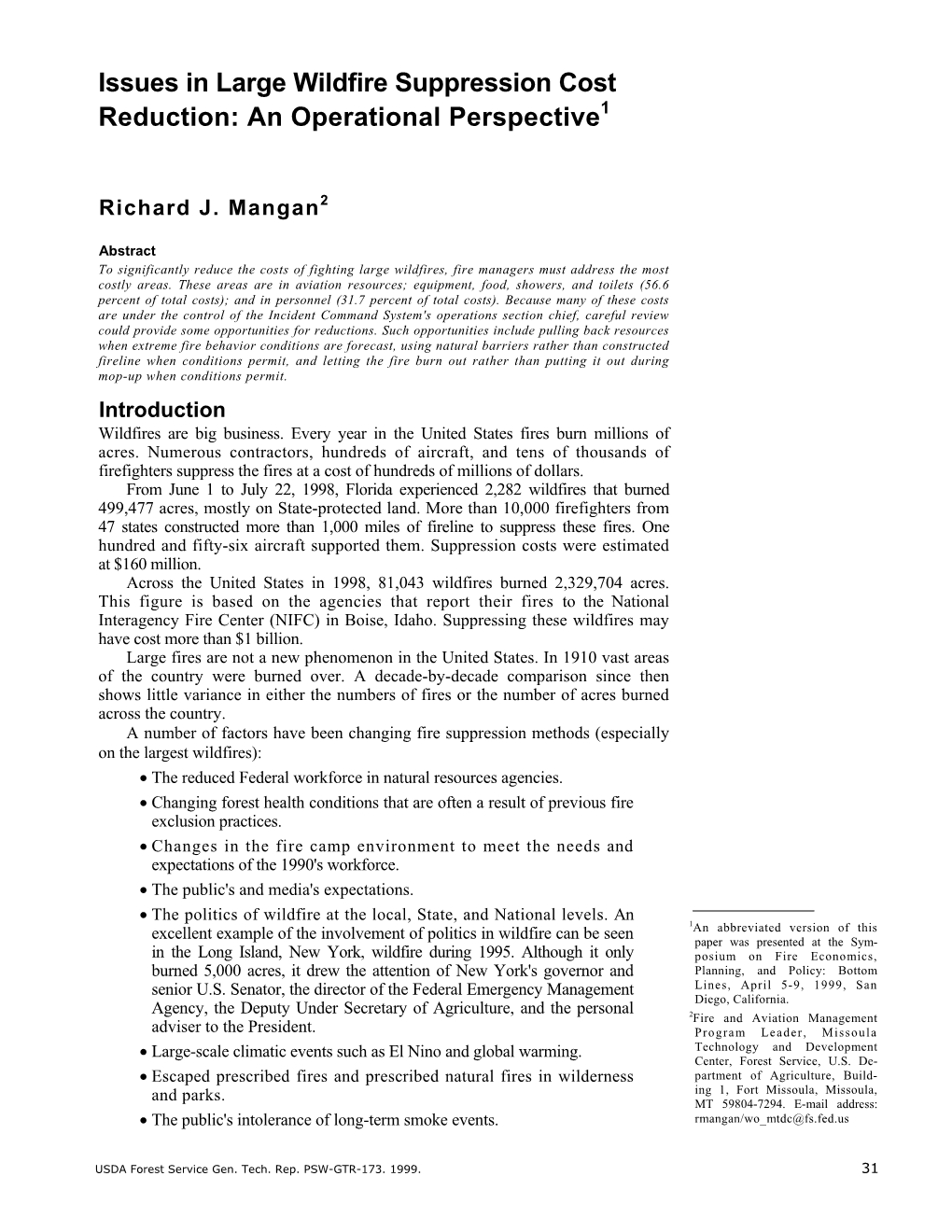 Issues in Large Wildfire Suppression Cost Reduction: an Operational Perspective1