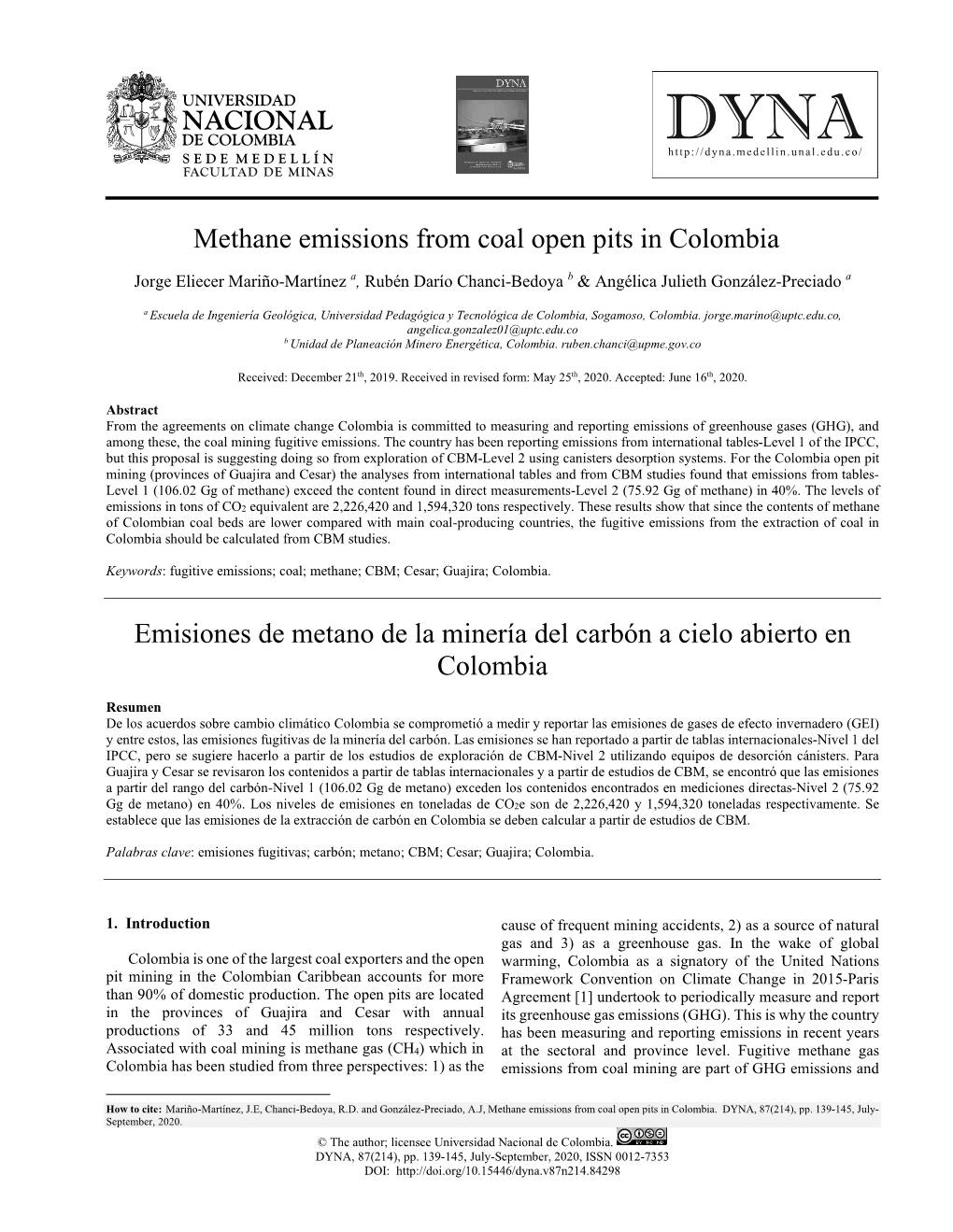 Methane Emissions from Coal Open Pits in Colombia• Emisiones De Metano De La Minería Del Carbón a Cielo Abierto En Colombia