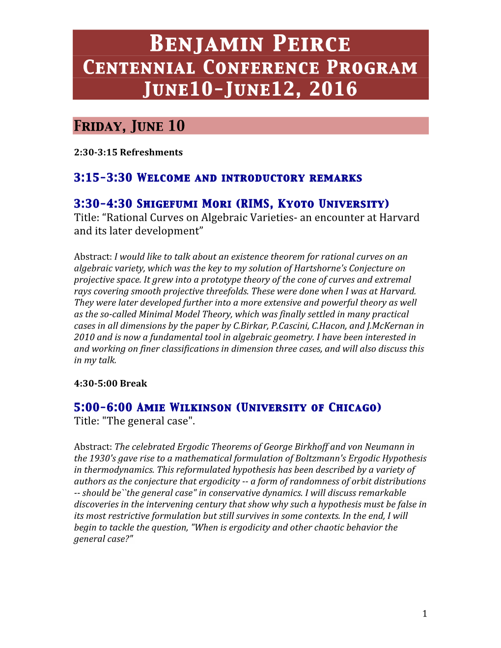 Benjamin Peirce Centennial Conference Program June10-June12, 2016