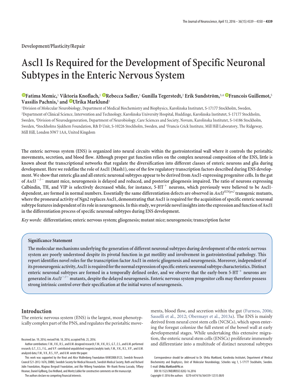 Ascl1 Is Required for the Development of Specific Neuronal Subtypes in the Enteric Nervous System