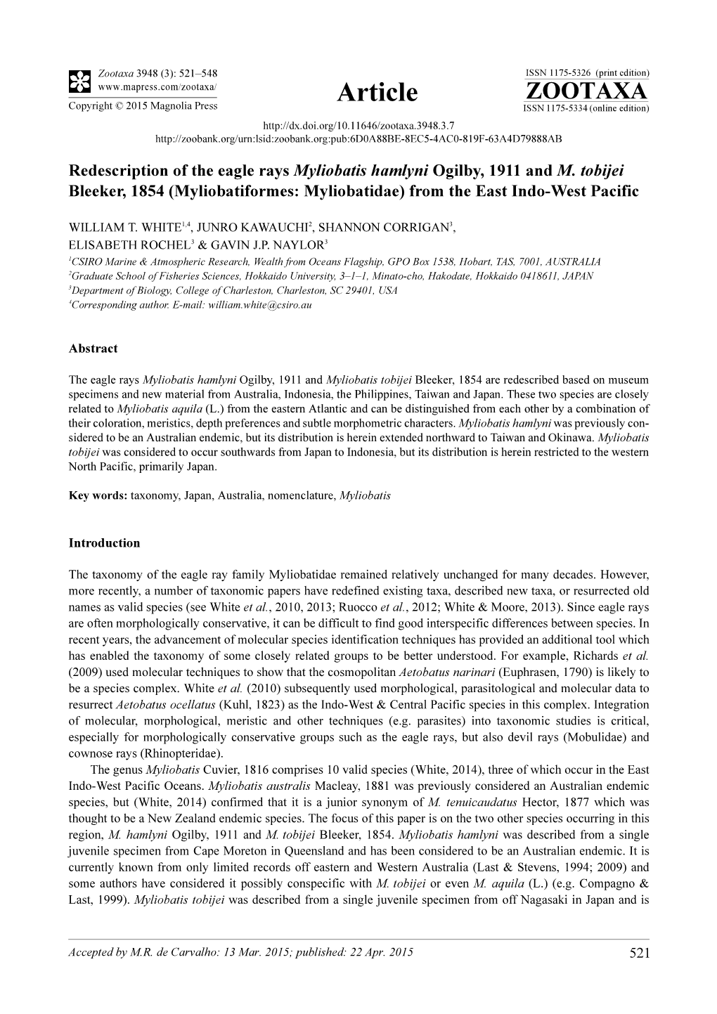 Redescription of the Eagle Rays Myliobatis Hamlyni Ogilby, 1911 and M. Tobijei Bleeker, 1854 (Myliobatiformes: Myliobatidae) from the East Indo-West Pacific