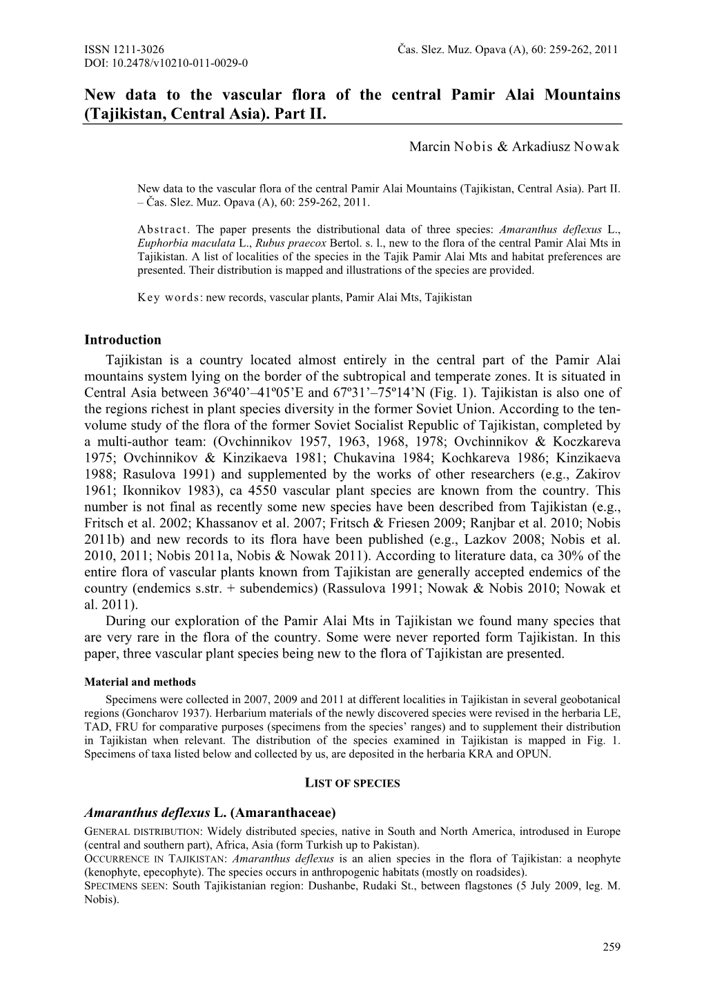 New Data to the Vascular Flora of the Central Pamir Alai Mountains (Tajikistan, Central Asia)