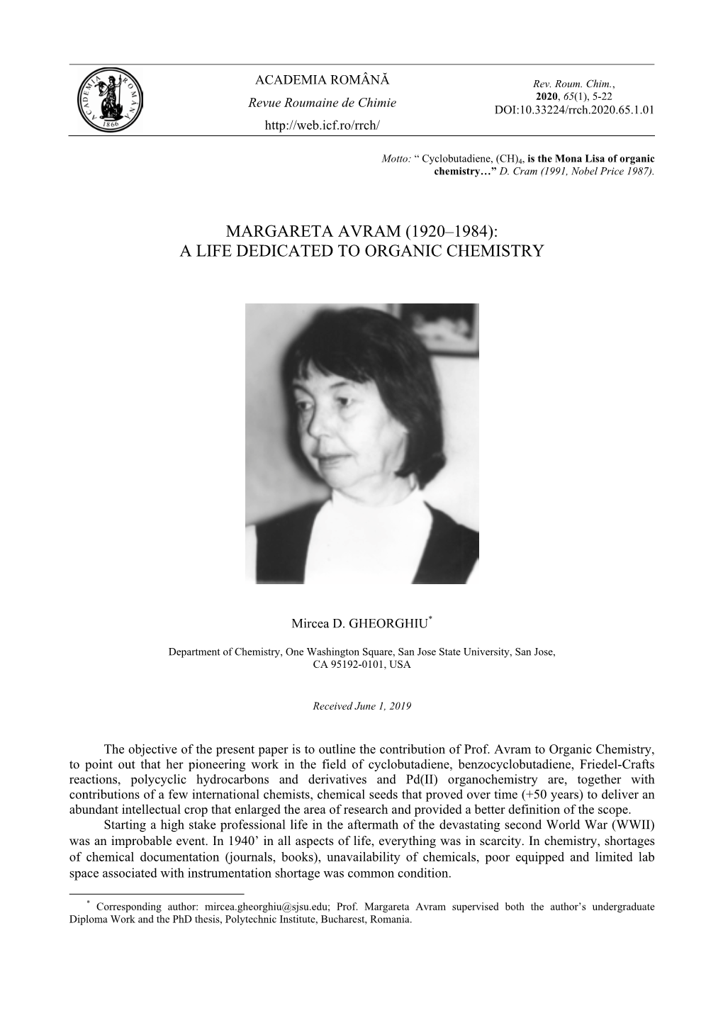 Margareta Avram (1920–1984): a Life Dedicated to Organic Chemistry