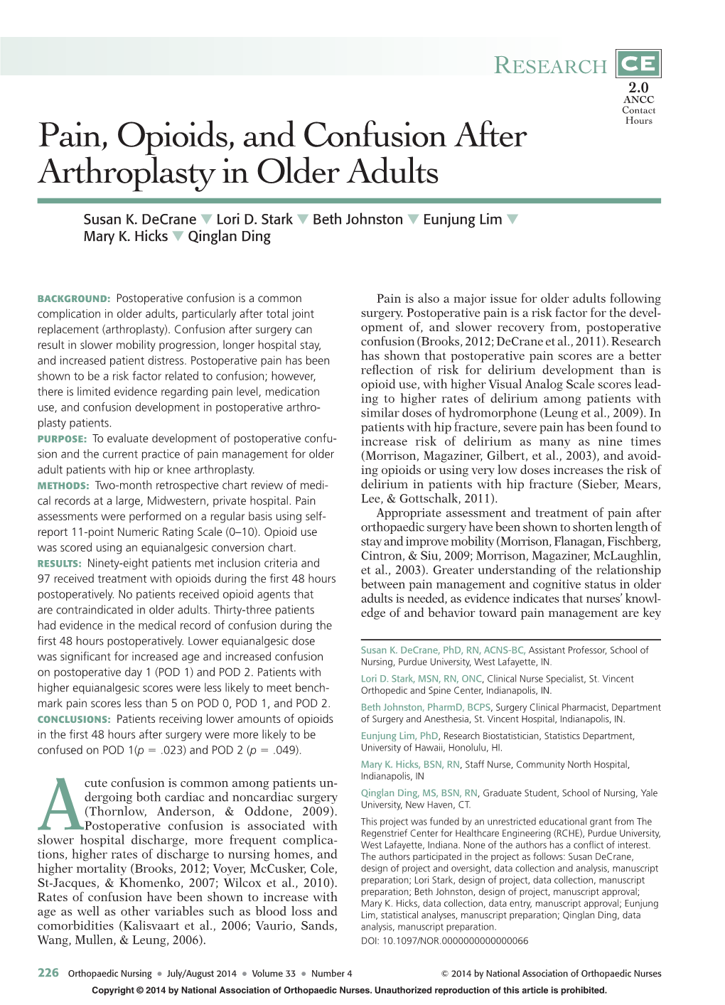 Pain, Opioids, and Confusion After Arthroplasty in Older Adults