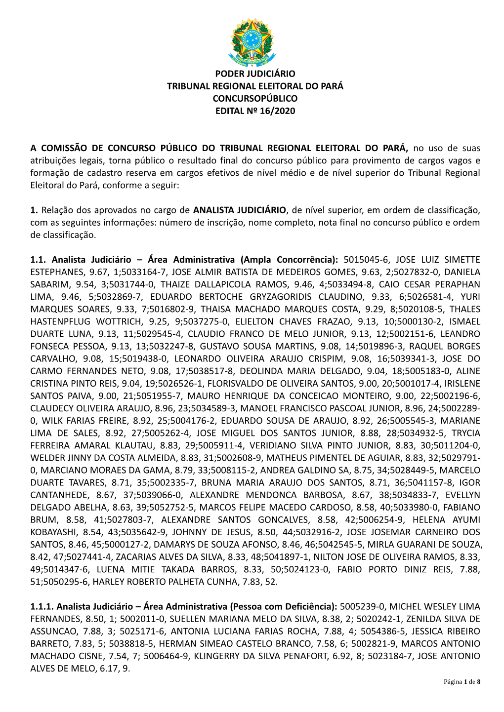 Poder Judiciário Tribunal Regional Eleitoral Do Pará Concursopúblico Edital Nº 16/2020