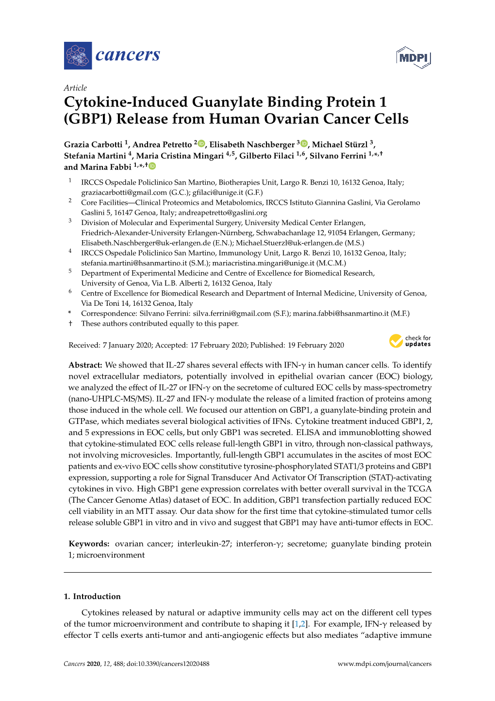 Cytokine-Induced Guanylate Binding Protein 1 (GBP1) Release from Human Ovarian Cancer Cells