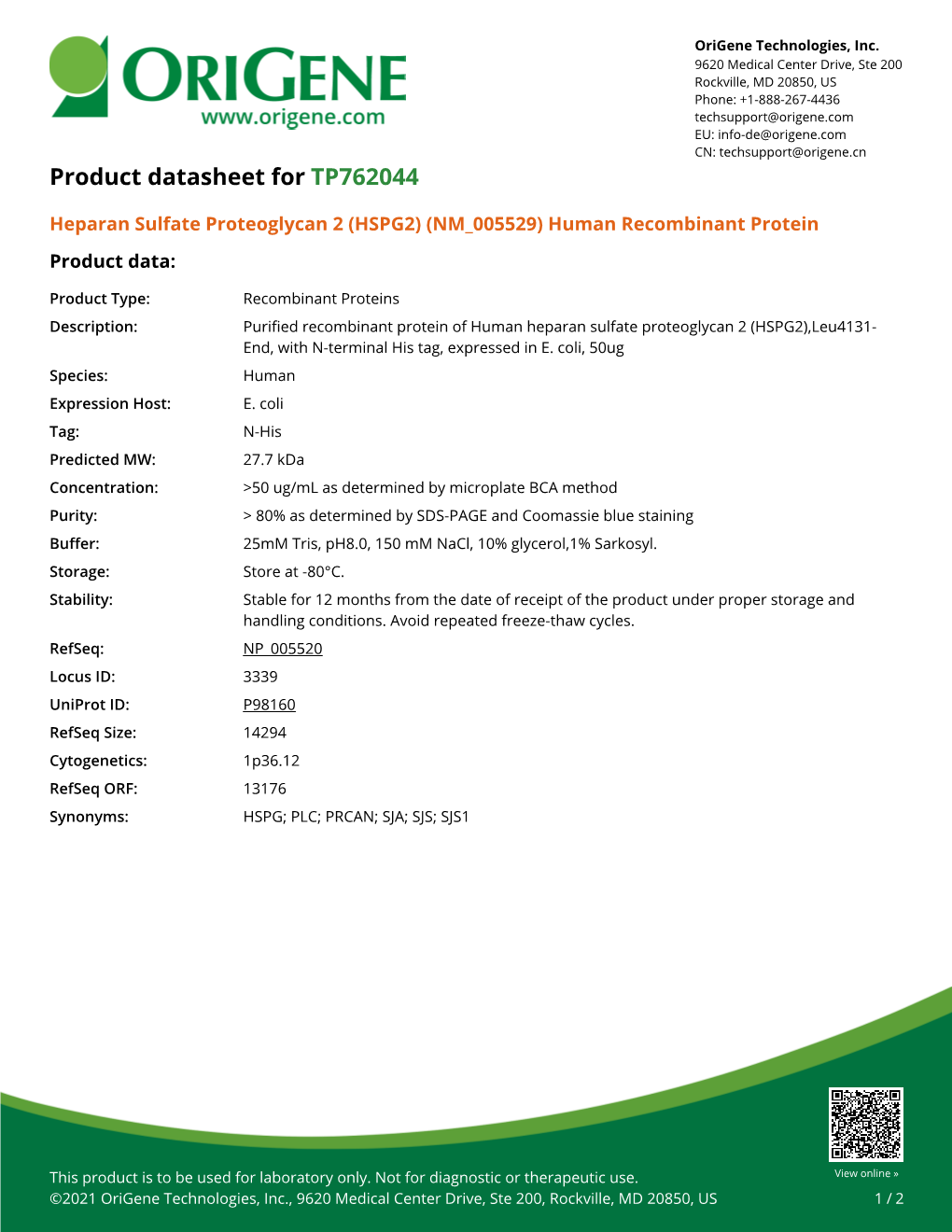 (HSPG2) (NM 005529) Human Recombinant Protein Product Data